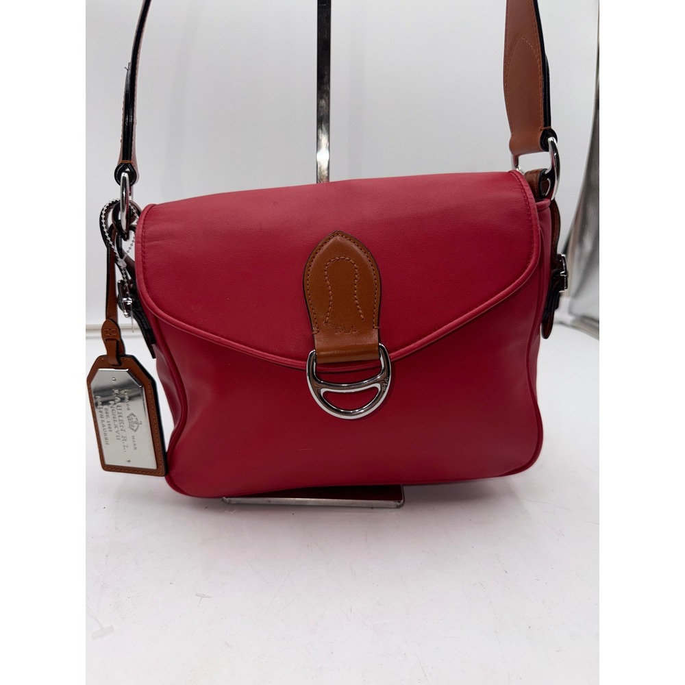 Lauren Ralph Lauren Red Faux Leather Stirrup Crossbody Saddle Bag Brown Trim